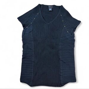 Evie Silk Blend Ribbed Knit V-Neck Top black Short Sleeve Size L